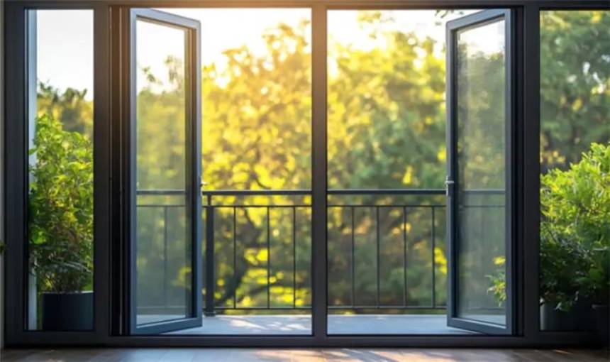 Stylish aluminium balcony doors opening to a sunlit view