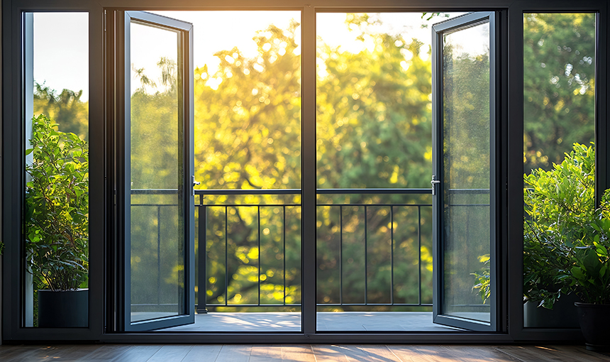 Stylish aluminium balcony doors opening to a sunlit view