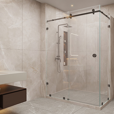 2 Fixed Glass + 1 Left/Right Sliding Door (90° Wall)