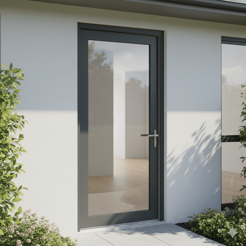 Aluminium sliding door with clear glass panels in a modern space