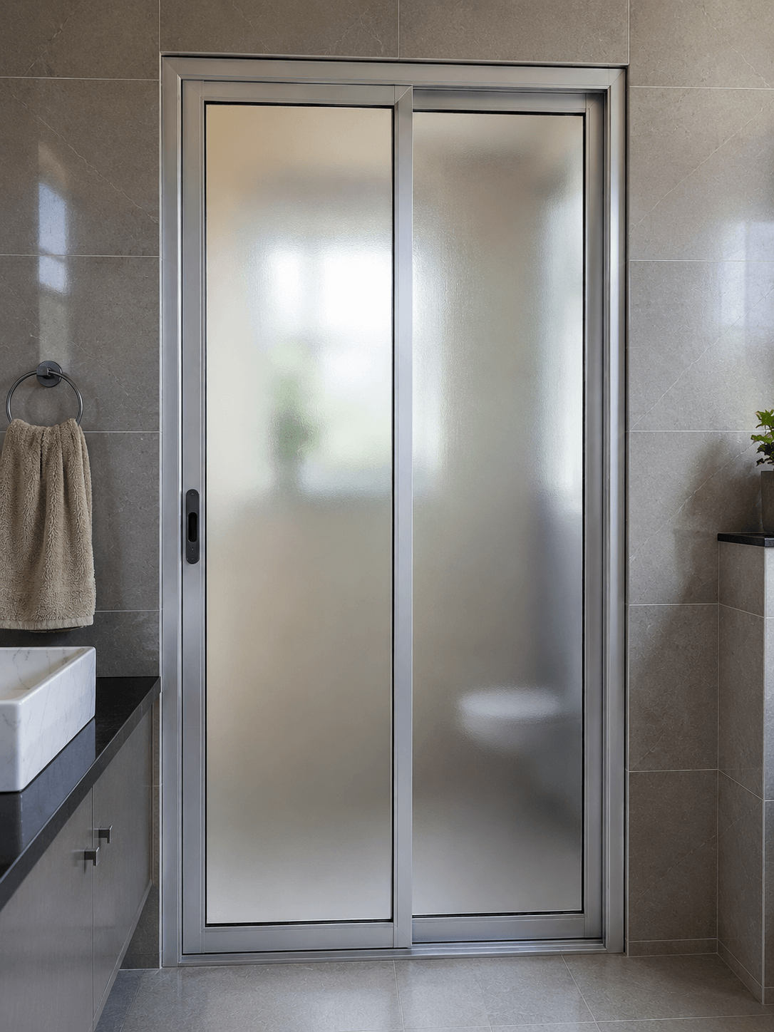 Aluminium sliding door with clear glass panels in a modern space